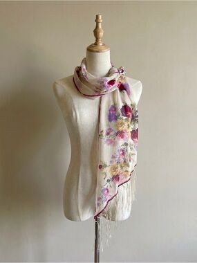 NWT Ralph Lauren Collection Silk Chiffon Fringe Scarf Ivory & Cerise Rose | 66”